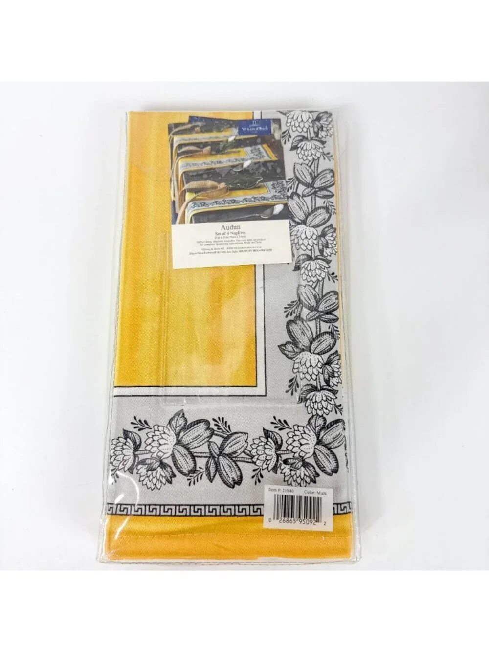 Villeroy & Boch Audun Cotton Napkins Set Of 2 Floral & Yellow 21x21 New